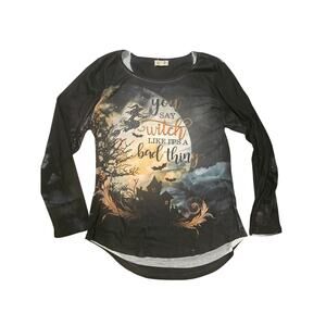One world womens shirt medium whitch Halloween screen printed rhinestone henley